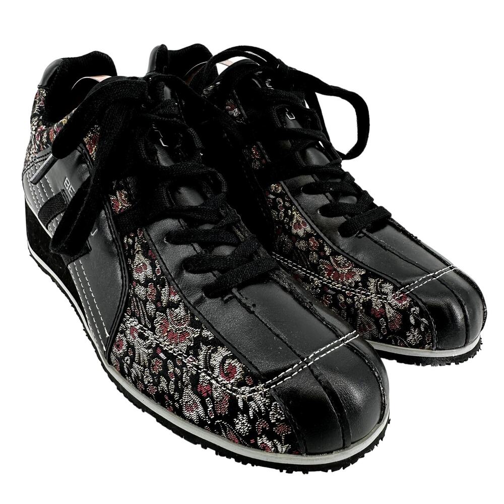 BED STU Speedy Floral Canvas Lace Up Low Top Wedge Sneakers Black 6.5 NWOT